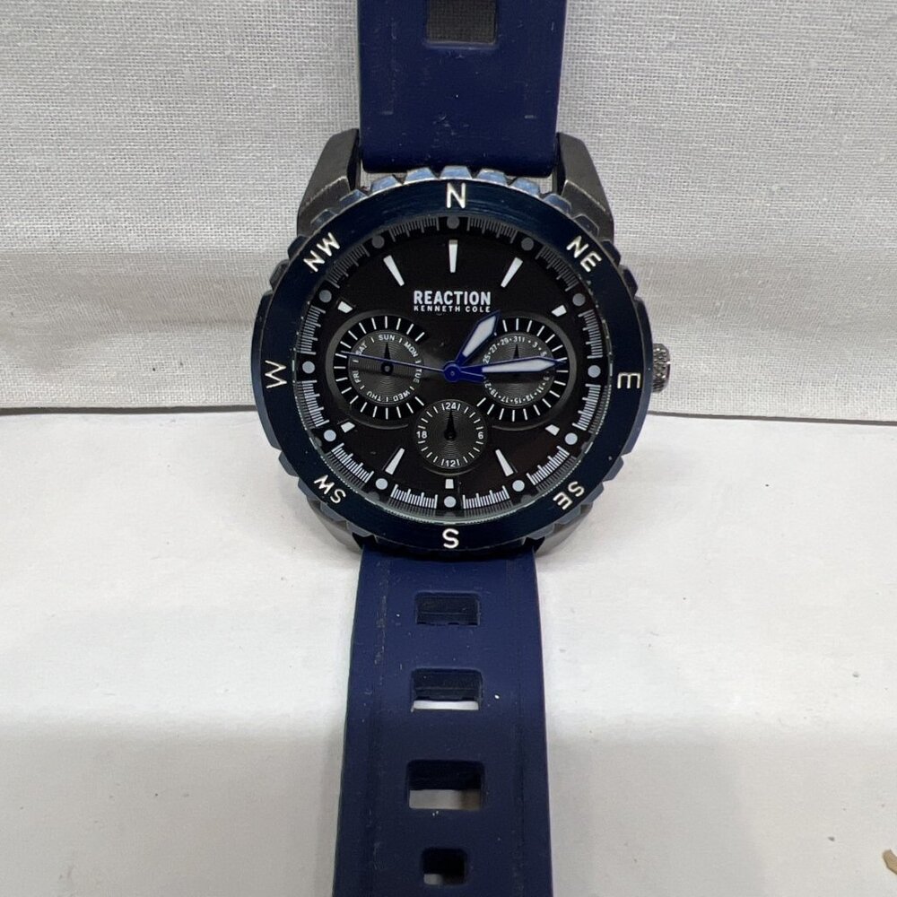 Kenneth Cole Reaction 45mm Men's Blue Dial Compass Bezel Watch Rubber Strap